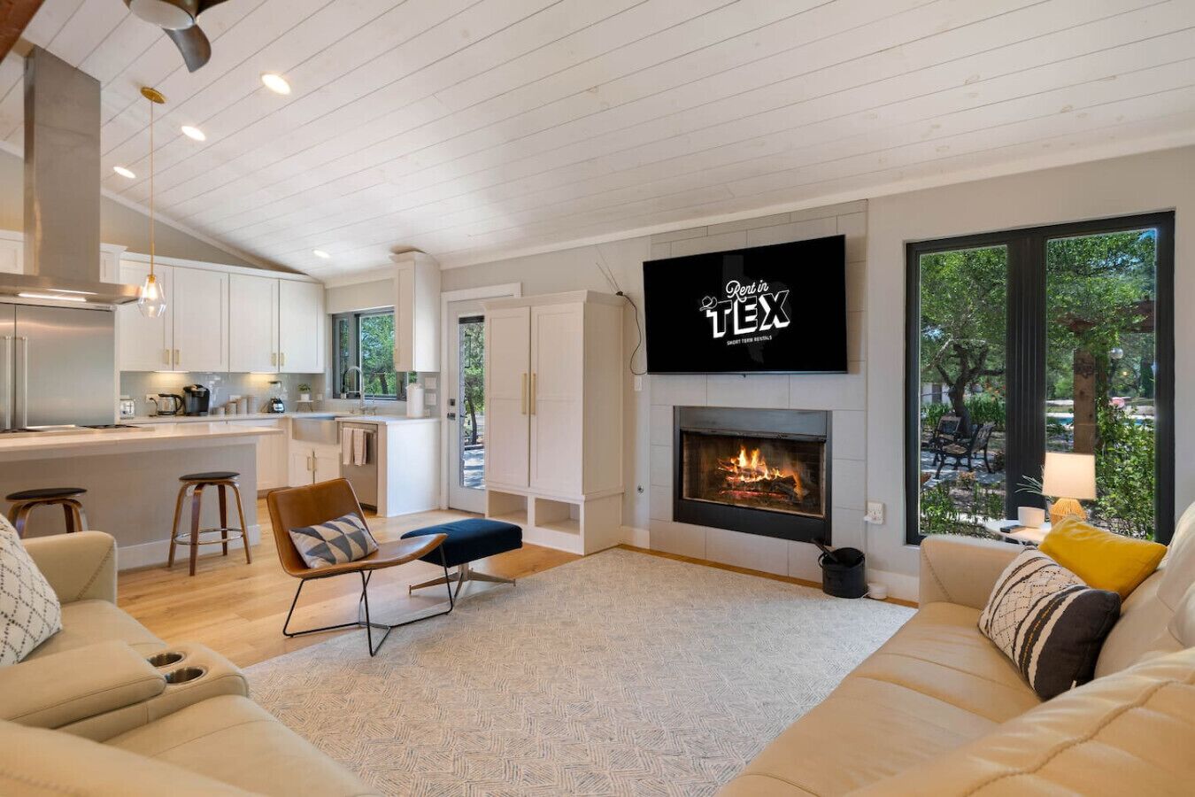 Télévision, cheminée, livres, écrans d'ordinateur