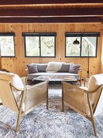 Luxury Cabin, Kitchen, Garden View | Living area | Fireplace