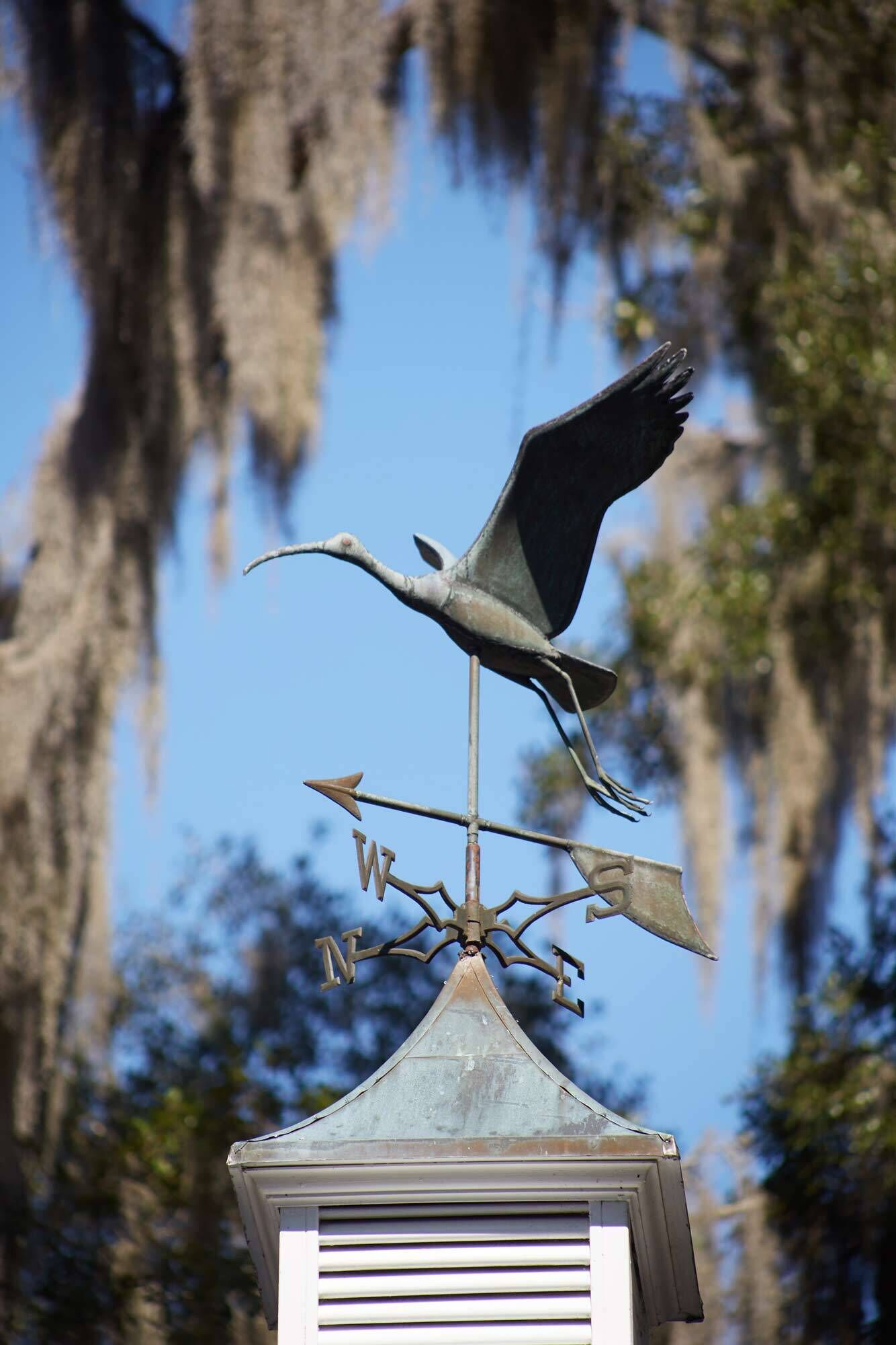 A weather vane with a bird design on top of a building.