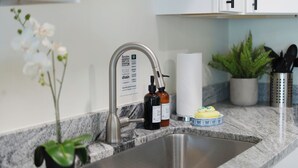 A kitchen with a stainless steel sink, a faucet, a potted plant, and a dish soap bottle.