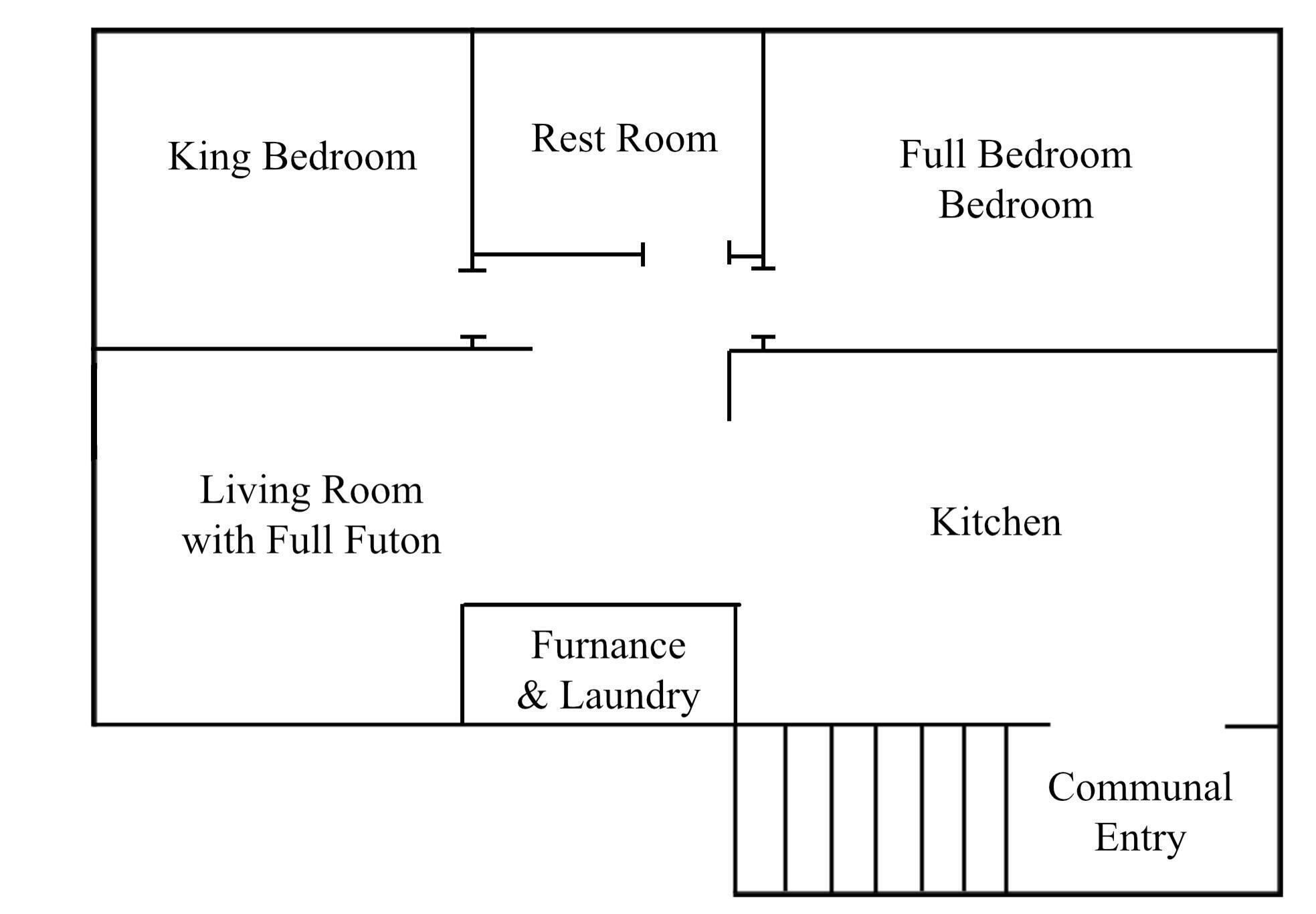 A floor plan with labeled rooms including King Bedroom, Rest Room, Full Bedroom, Living Room with Full Futon, Kitchen, Furnace & Laundry, and Communal Entry.