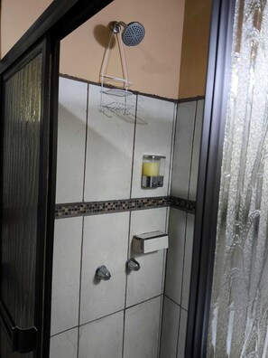 Hair dryer, towels, soap, shampoo