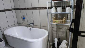 Hair dryer, towels, soap, shampoo