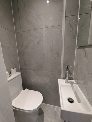 Hair dryer, towels, soap, toilet paper