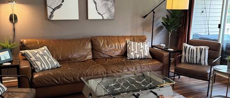 Smart TV, fireplace, table football