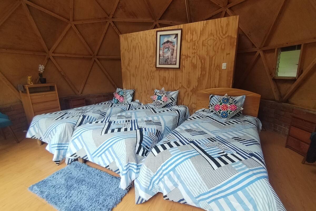 A cozy bedroom with a wooden ceiling, two beds with patterned bedding, a small bedside table, and a framed picture on the wall.