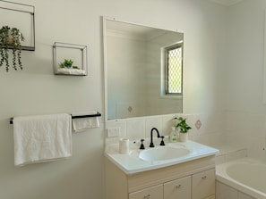 Hair dryer, towels, toilet paper
