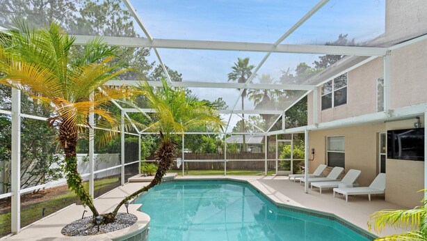 A swimming pool with a glass enclosure, surrounded by lounge chairs and palm trees.