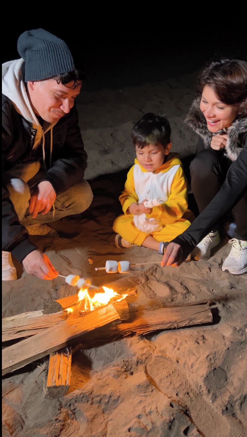 A family around a campfire with a child roasting marshmallows.