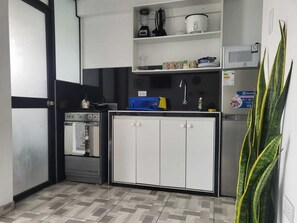 Family Apartment, Balcony, City View | Private kitchen | Fridge, microwave, oven, stovetop