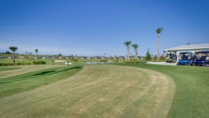 Campo de golf con cielo despejado, palmeras y un edificio con carritos de golf.