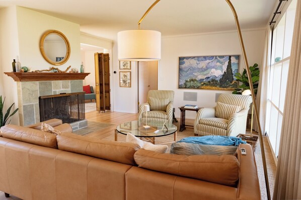 Smart TV, fireplace, books, computer monitors