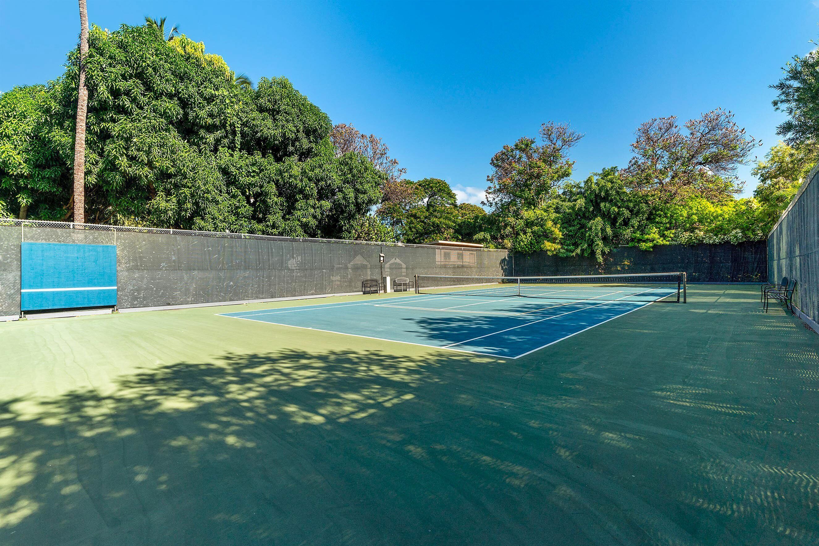 An outdoor tennis court with a net, surrounded by a fence and trees.