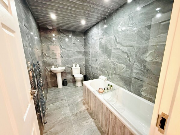 Shower, hair dryer, towels