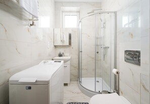 Shower, hair dryer, towels