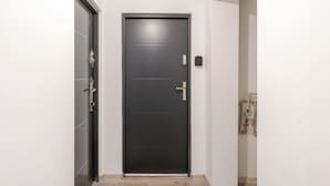 Un couloir avec une porte sombre, un interrupteur et un thermostat fixés au mur.