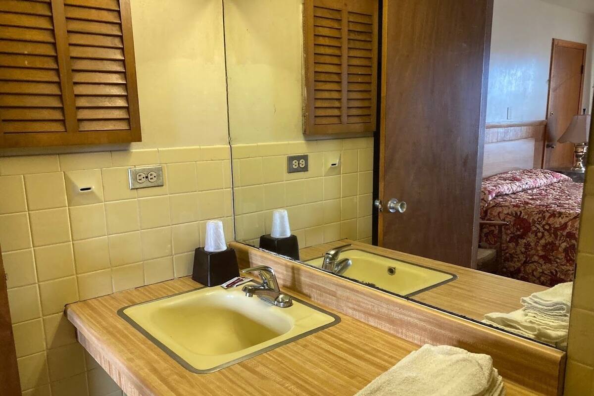 Ein Badezimmer mit zwei Waschbecken, einem Spiegel und Holzschränken.