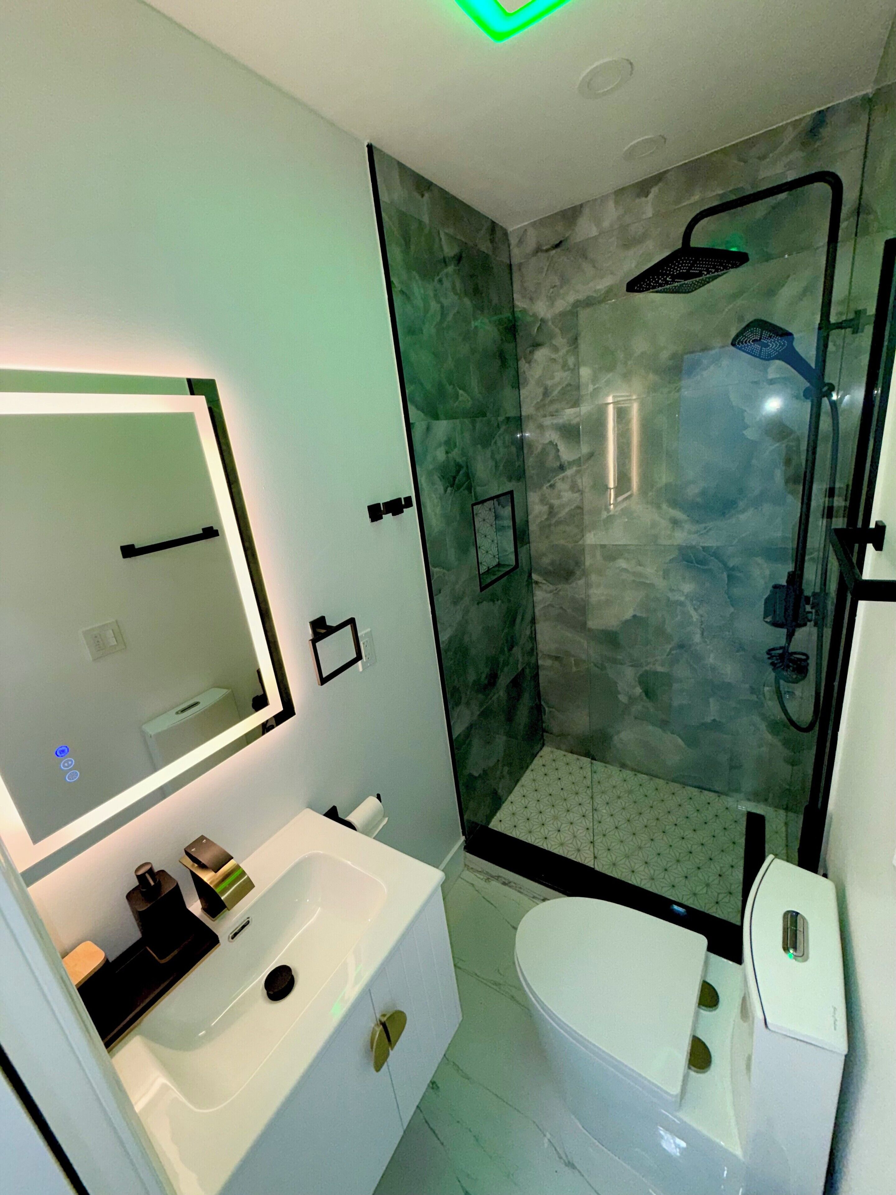Shower, towels, soap, toilet paper