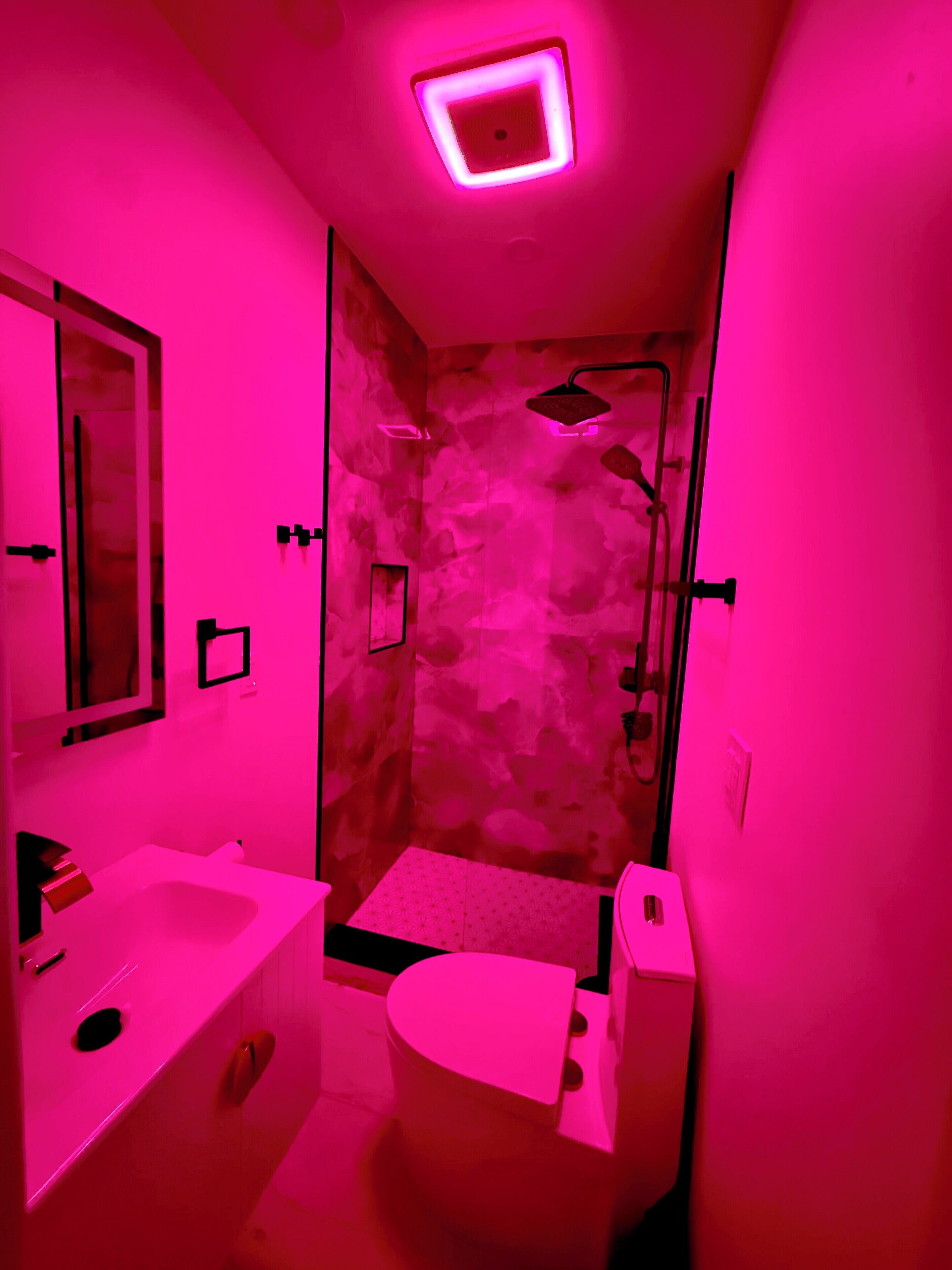 Een badkamer met een douche, wastafel en toilet.