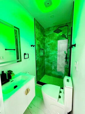 Regadera, toallas, jabón, papel de baño 