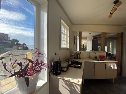 House with large terrace, patio and excellent ocean view, steps from downtown.