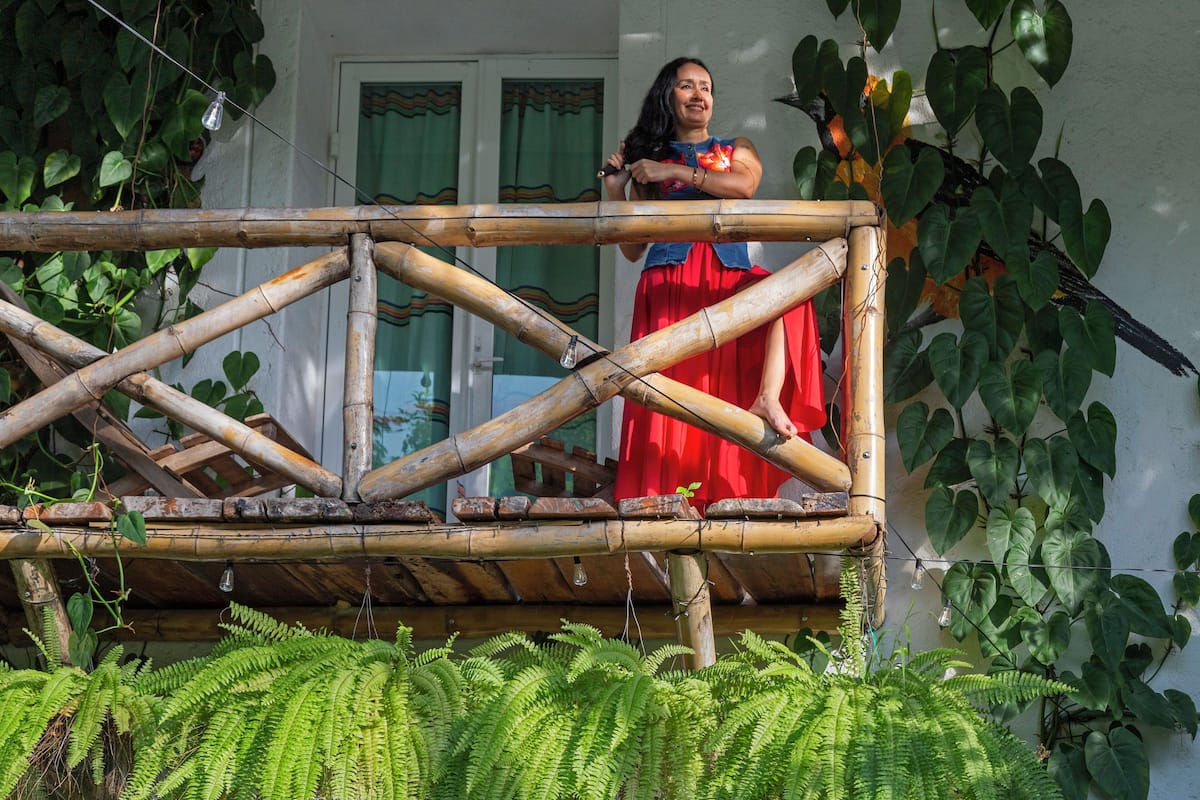 A person standing on a bamboo structure with ferns in the foreground.