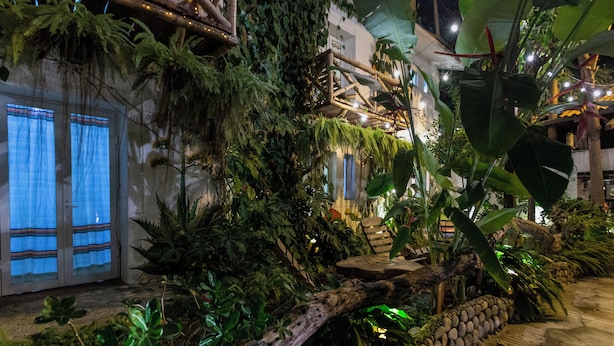 Un giardino interno ricco di vegetazione, un ponte di legno e un muro in pietra.