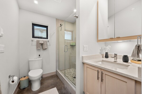 A modern bathroom with a toilet, a glass-enclosed shower, a sink with a mirror, and a window. - The Zen @ Palisade Legends (Clifton)