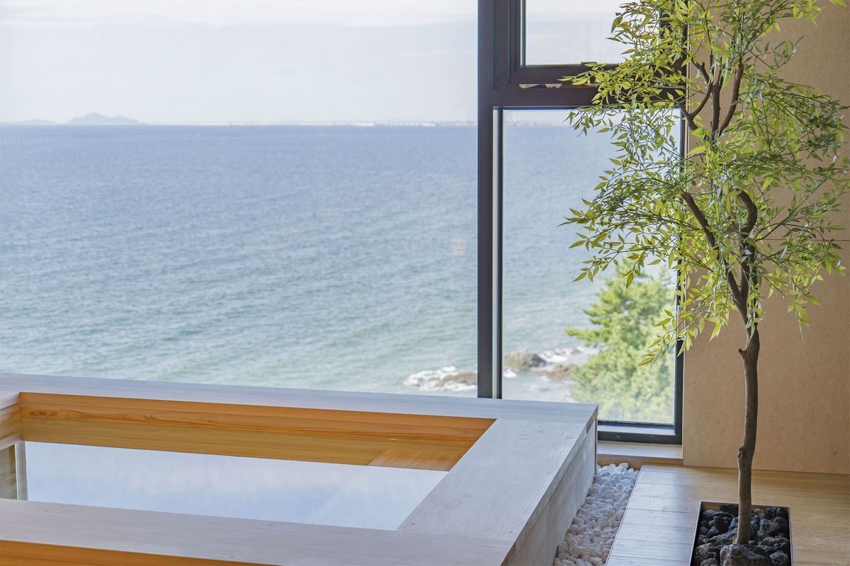 A modern room with a large window overlooking the sea, a wooden bed, and a bonsai tree.