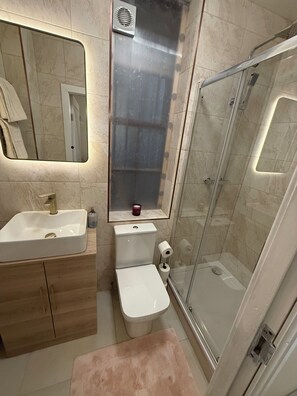 Shower, towels, soap, toilet paper