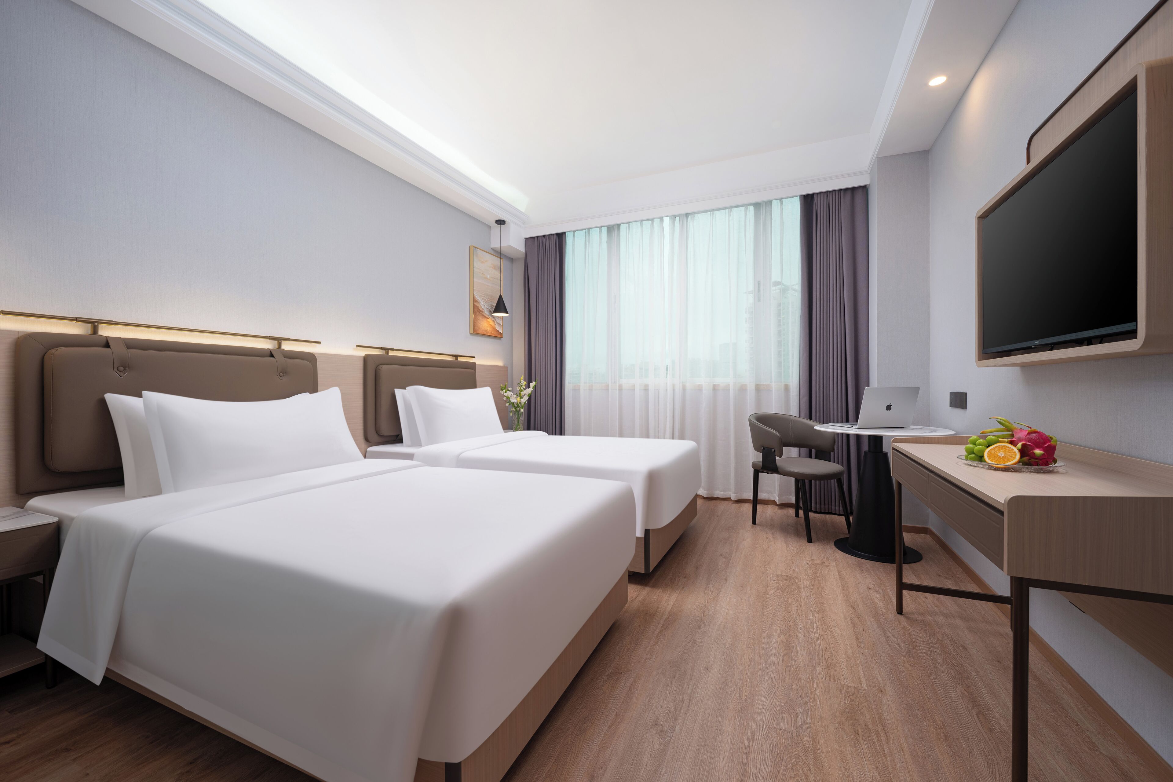 Desk, laptop workspace, blackout drapes, iron/ironing board