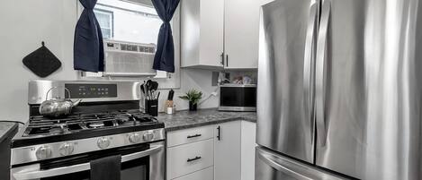 Fridge, microwave, coffee/tea maker, toaster