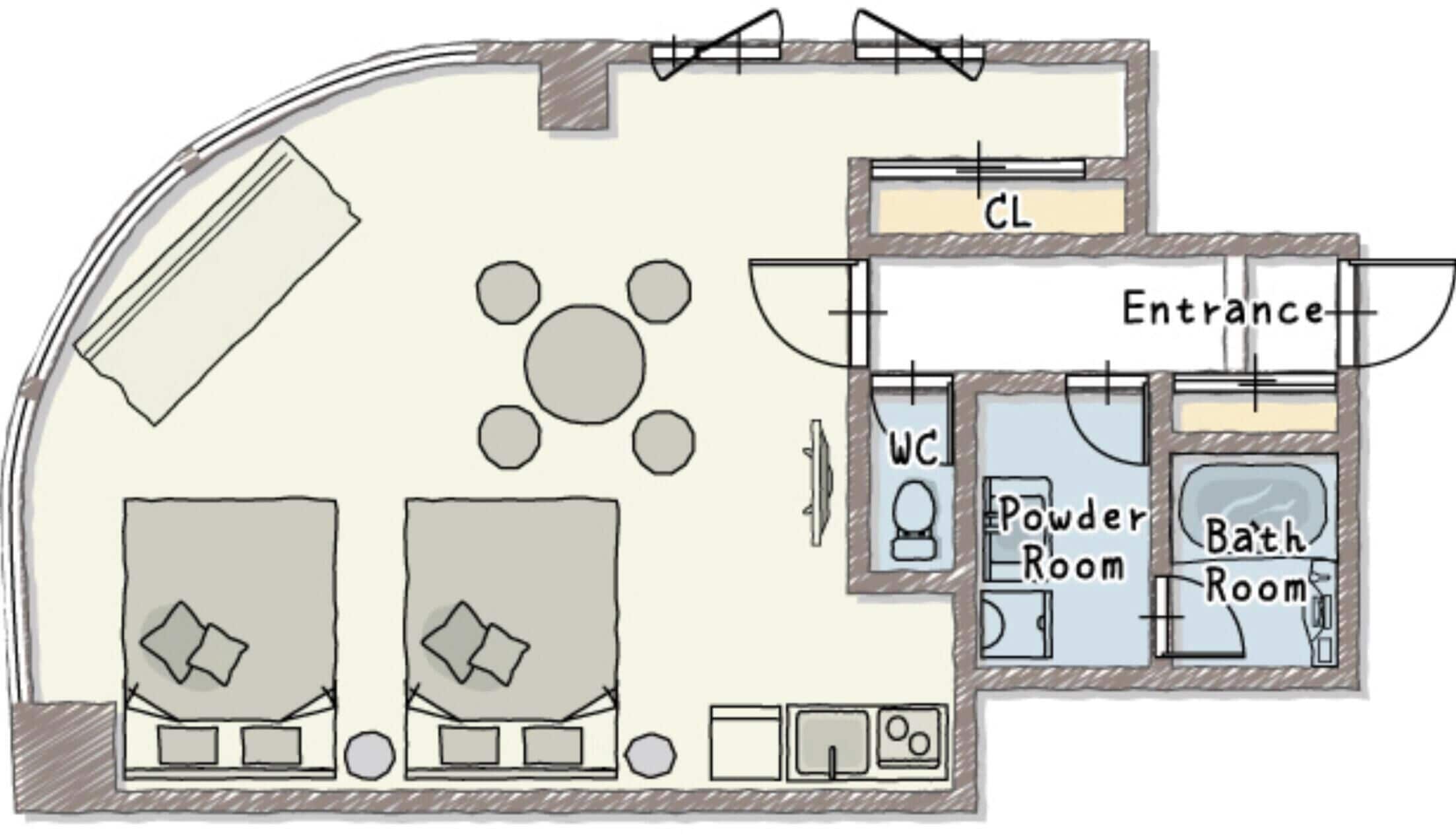 Plano de planta con dos dormitorios, un aseo, un baño y una sala de estar con mesa y sillas.