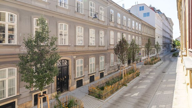 Vista de la calle de un edificio con varias ventanas, entrada porticada y acera con árboles y una cerca.