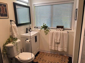 Shower, towels, soap, toilet paper