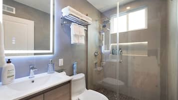 Hair dryer, towels, soap, toilet paper