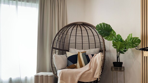 A cozy room with a woven hanging chair, a potted plant, and a small side table.