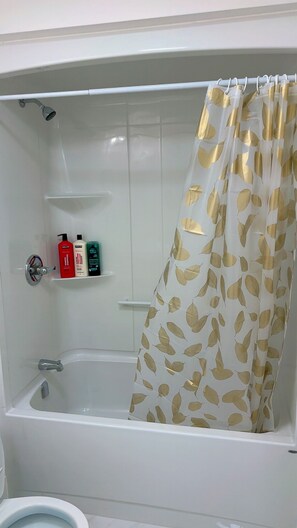 Hair dryer, towels, soap, shampoo