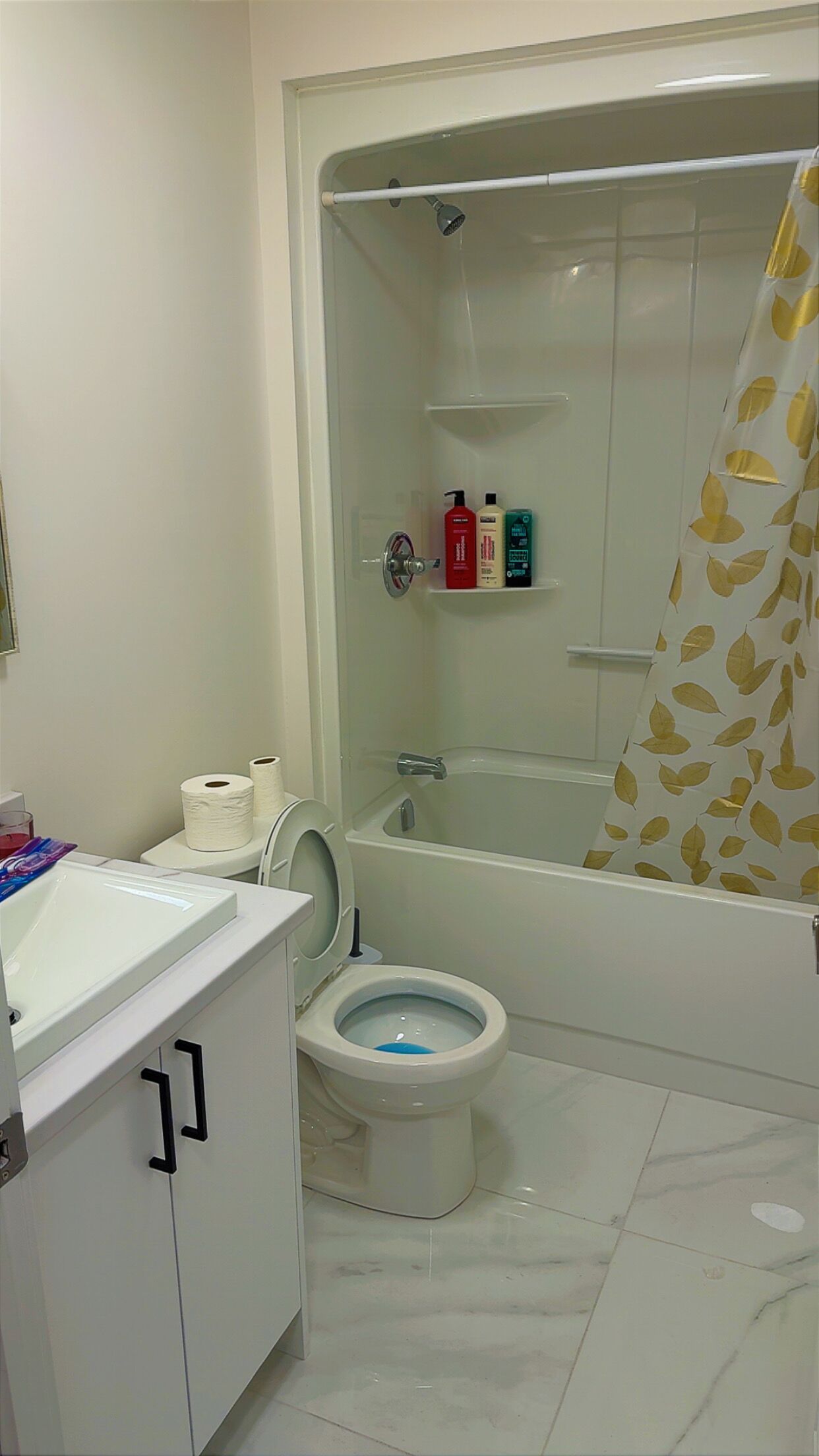 A bathroom with a toilet, sink, and shower area. There are toiletries on the shelf.