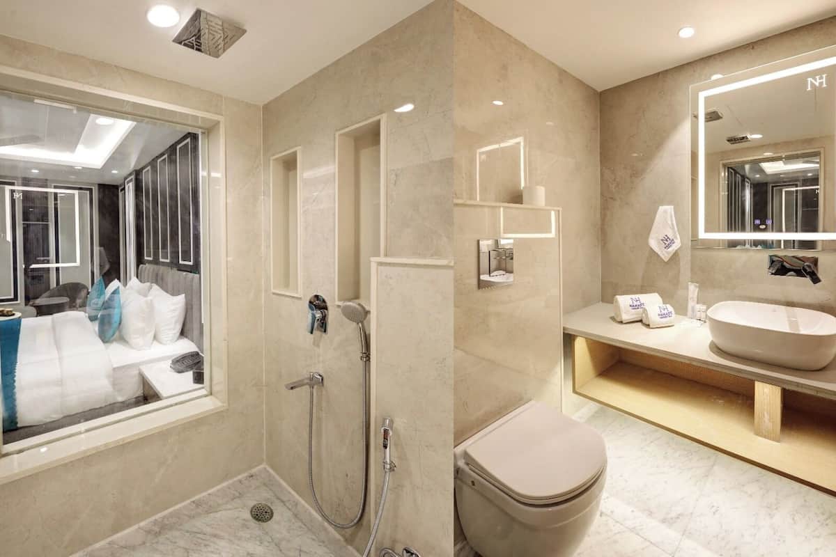 Hair dryer, slippers, towels, soap