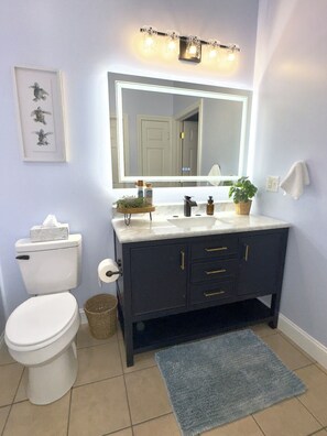 Douche, sèche-cheveux, serviettes fournies, savon