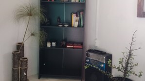 Ein Zimmer mit Bücherregal, Blumentopf, Lautsprecher und Wanddeko.