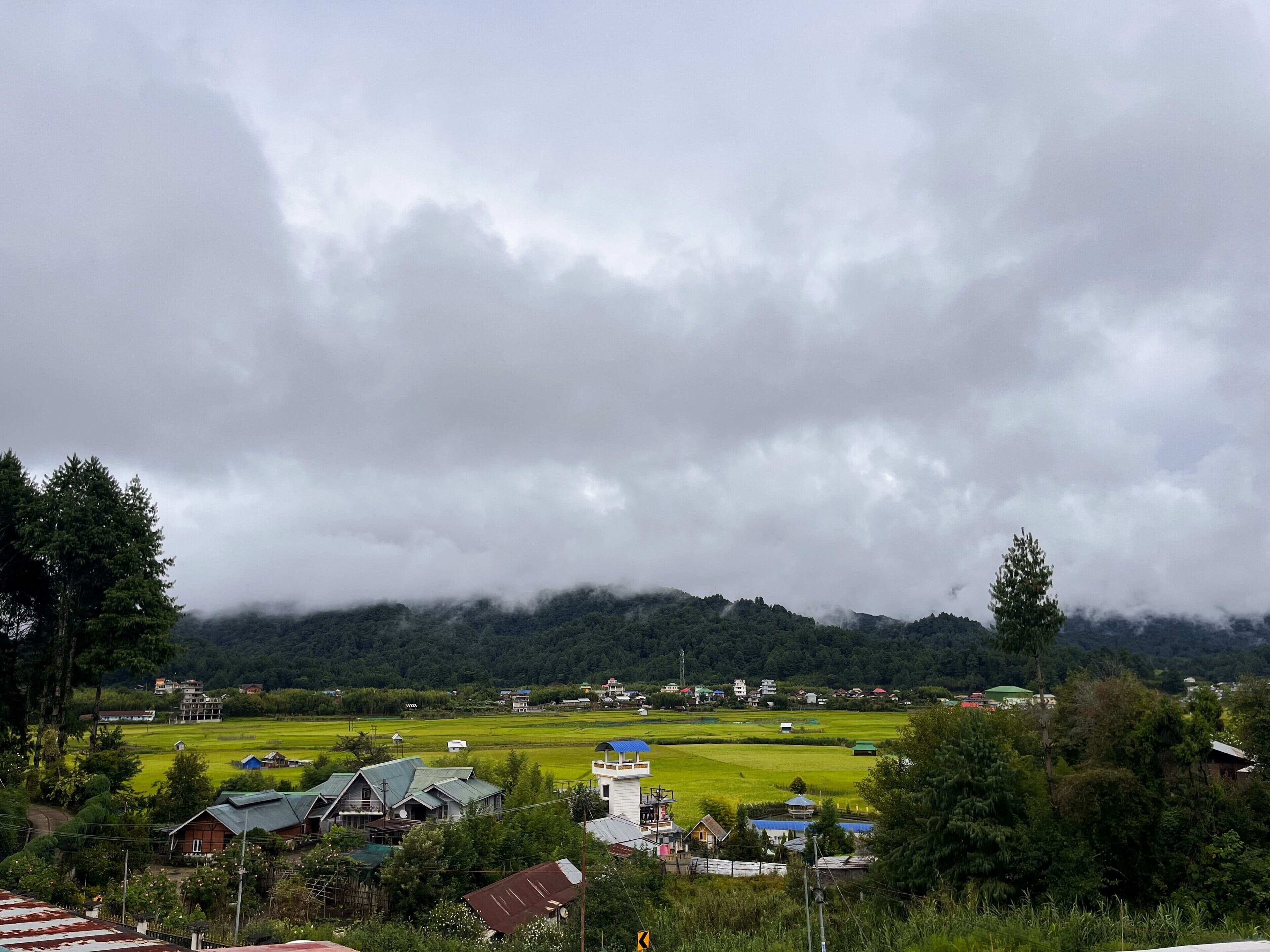 A rural landscape with houses and green fields, under a cloudy sky.