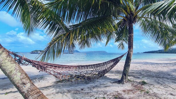 Een hangmat tussen palmbomen aan een zandstrand, met uitzicht op de oceaan en land in de verte.
