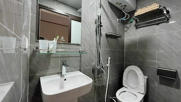 Shower, hair dryer, bidet, towels