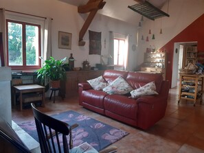 TV, fireplace, DVD player, books