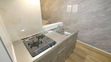 Apartamento conforto, várias camas, para não fumantes, sacada (202) | Cozinha privada | Geladeira, micro-ondas, cooktop, talheres/pratos/utensílios de cozinha