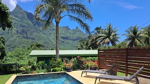 Piscina con vista a montañas y palmeras.