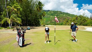 Campo de golf con un marcador de bandera, un bolso de golf y una persona a punto de hacer un putt.