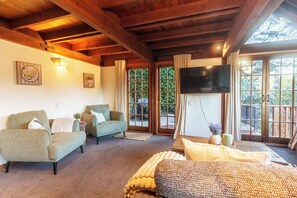 Smart TV, chimenea y libros 